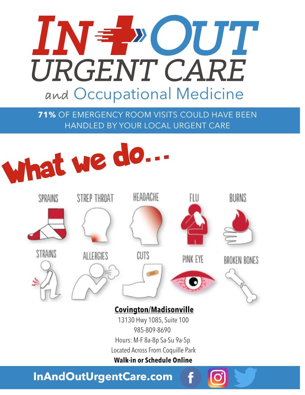 In & Out Urgent Care - Covington/Madisonville | 13130 LA-1085 Suite 100, Covington, LA 70433, USA | Phone: (985) 809-8690