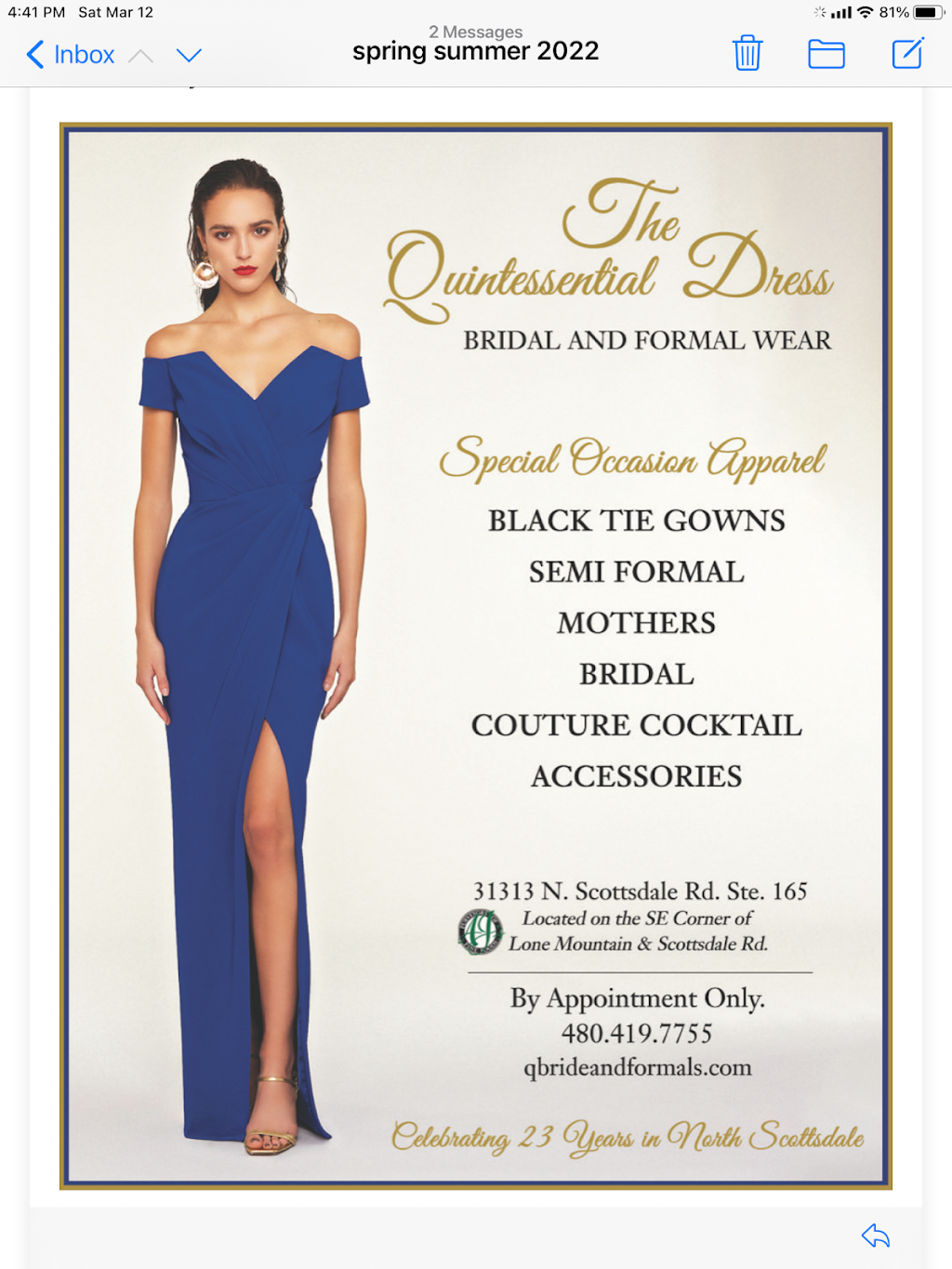 Quintessential Bride and Formal Wear | 31313 N Scottsdale Rd Suite 165, Scottsdale, AZ 85266, USA | Phone: (480) 419-7755