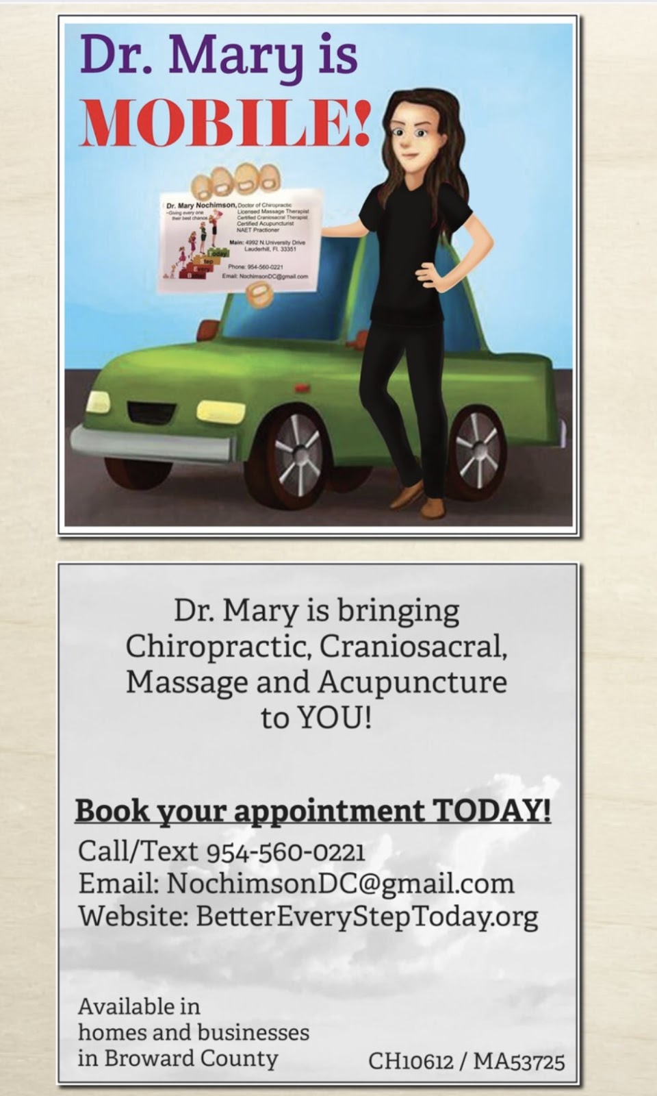 Dr. Mary In-office & Mobile Chiropractic, Craniosacral & Hypnosis | 4992 N University Dr, Lauderhill, FL 33351, USA | Phone: (954) 560-0221
