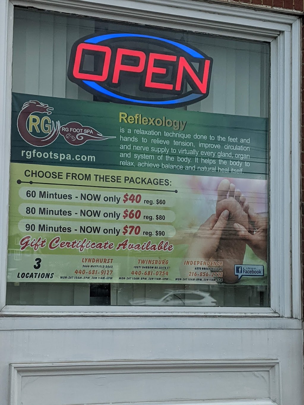 rg foot spa Independence | 6575 Brecksville Rd, Independence, OH 44131, USA | Phone: (216) 856-2722