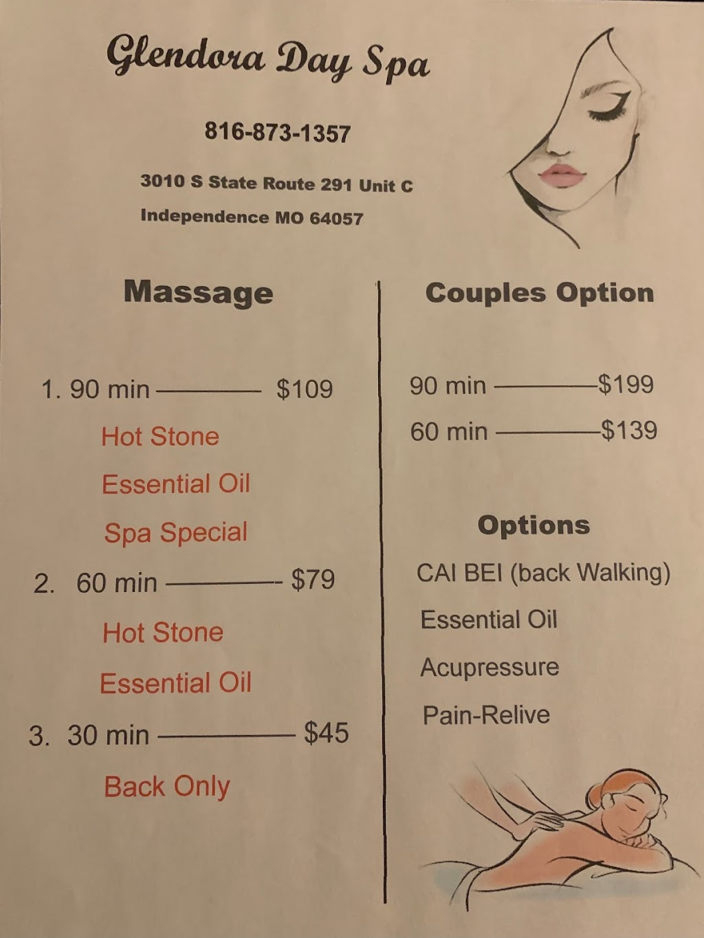 Glendora Day Spa | 3010 Rte 291 Suite C, Independence, MO 64057 | Phone: (816) 873-1357