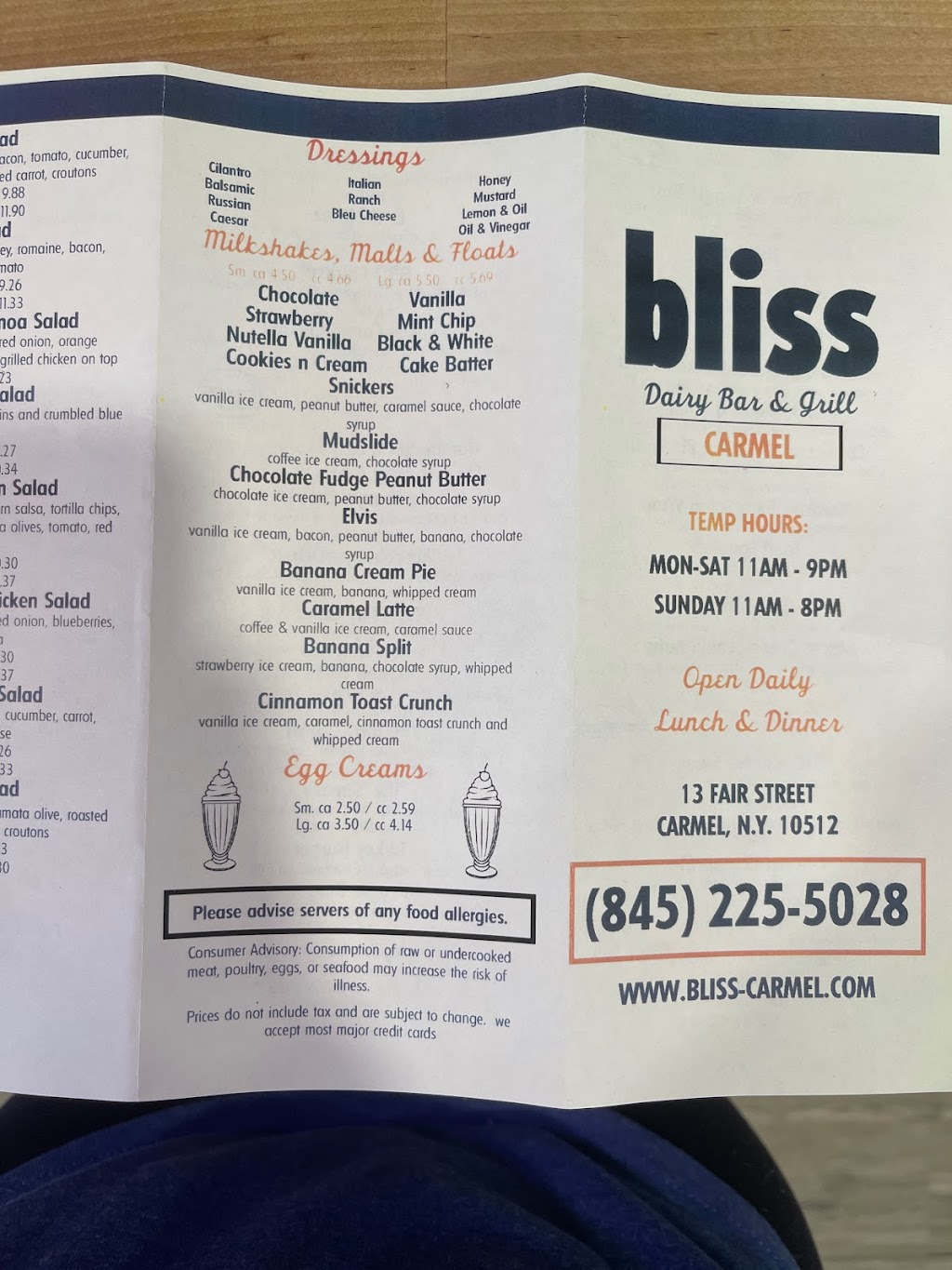 Bliss Dairy Bar & Grill | 13 Fair St, Carmel Hamlet, NY 10512, USA | Phone: (845) 225-5028