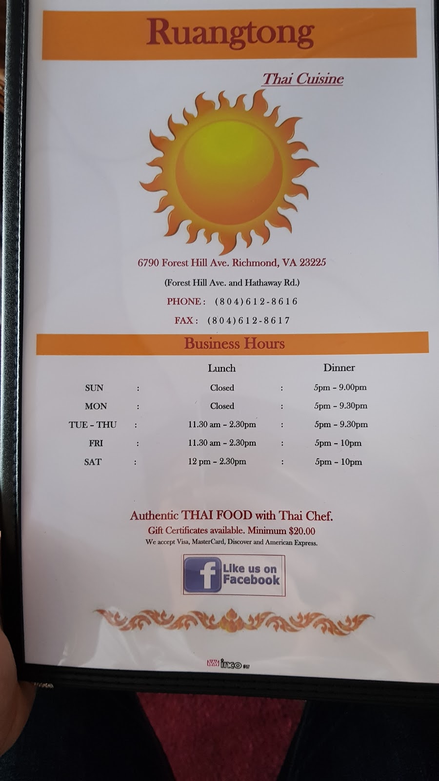 Ruang Tong Thai Cuisine | 6790 Forest Hill Ave, Richmond, VA 23225, USA | Phone: (804) 612-8616