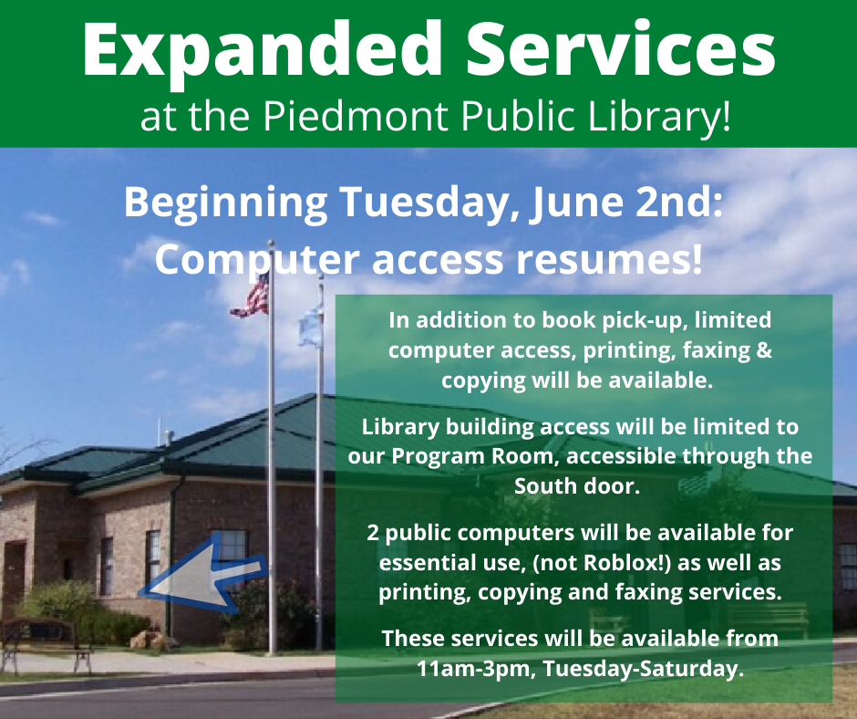 Piedmont Public Library | 1129 Stout Dr NW, Piedmont, OK 73078, USA | Phone: (405) 373-9018