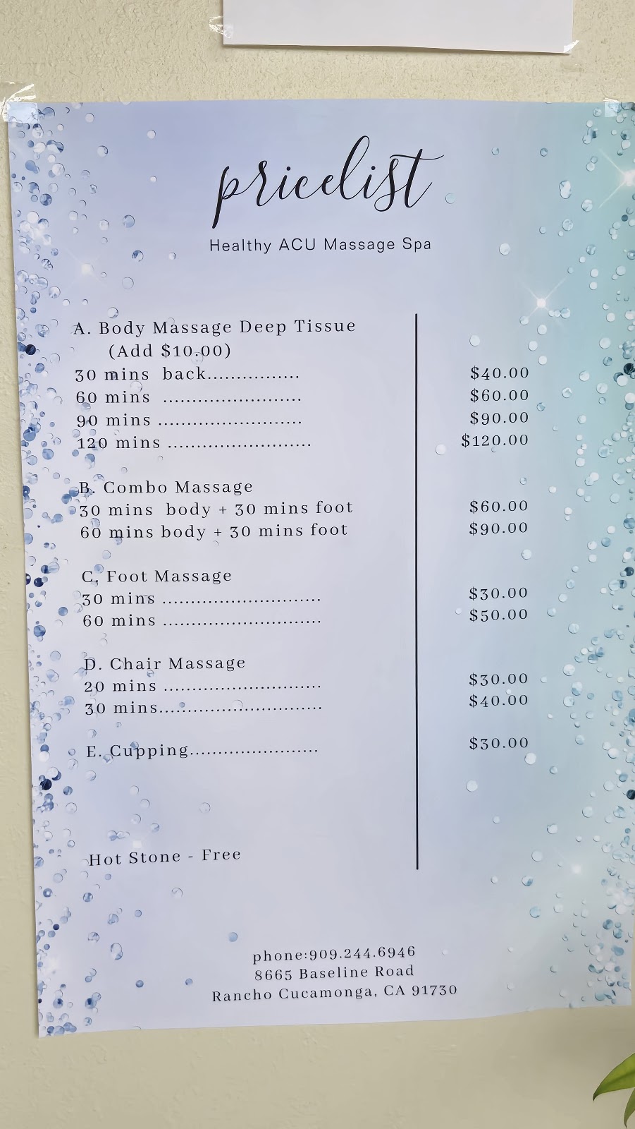Healthy Acu Massage Spa | 8665 Base Line Rd, Rancho Cucamonga, CA 91730, USA | Phone: (909) 244-6946