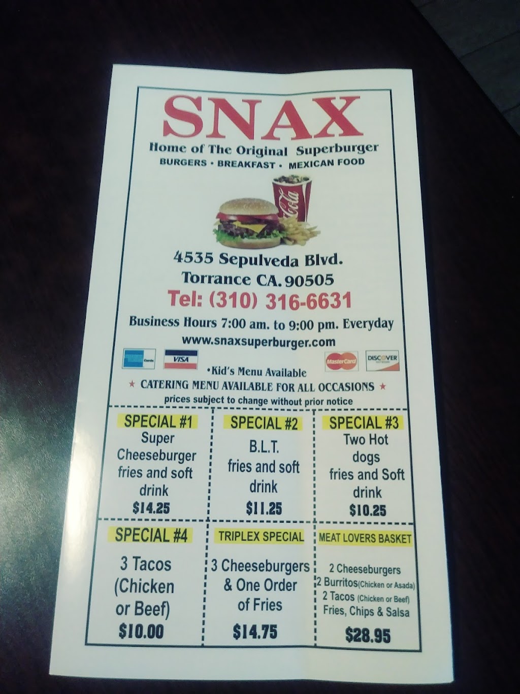 Snax Home of the Original Superburger | 4535 Sepulveda Blvd, Torrance, CA 90505, USA | Phone: (310) 316-6631