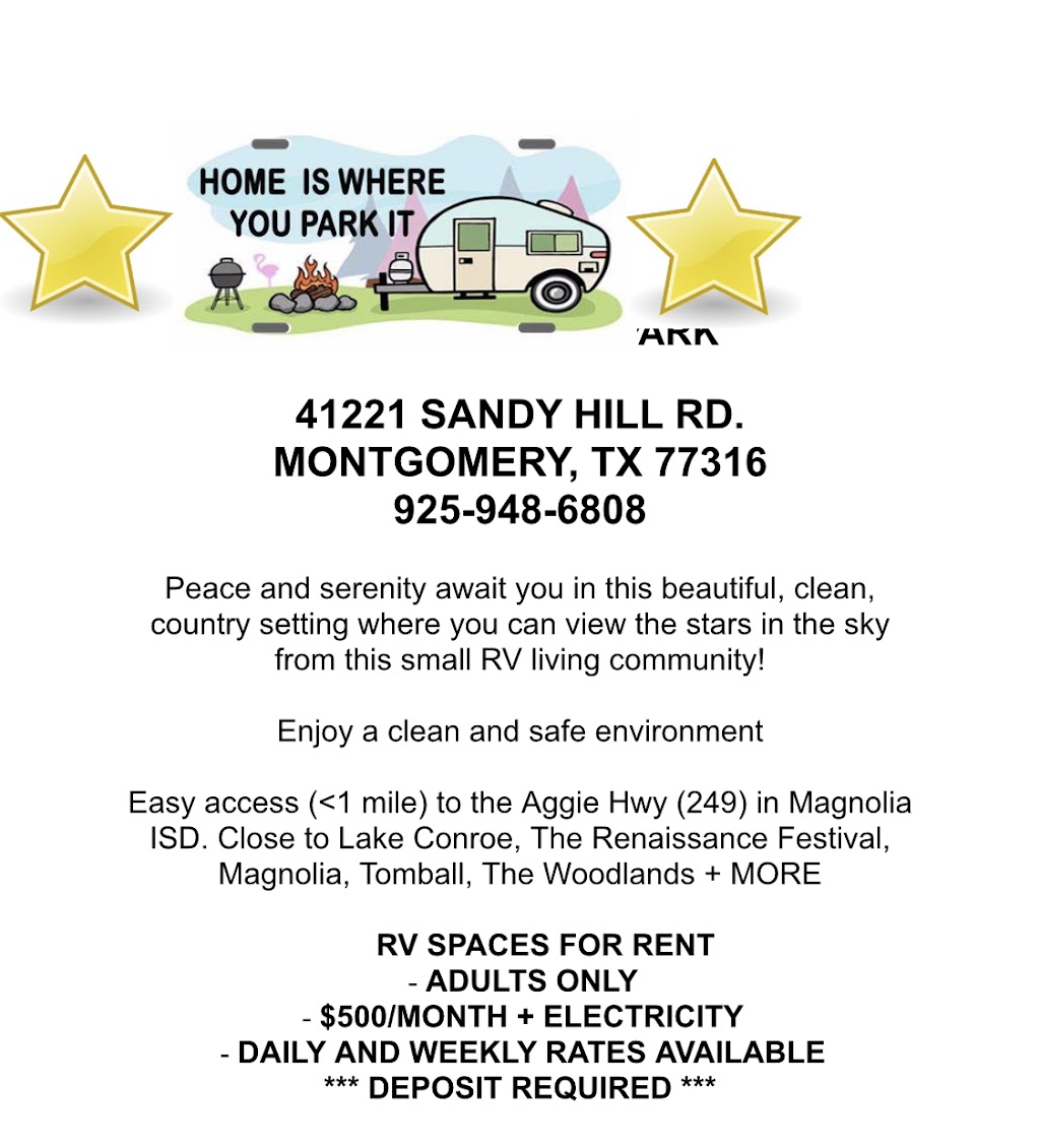 Sandy Hill RV Park | 41221 Sandy Hill Rd, Montgomery, TX 77316, USA | Phone: (925) 948-6808