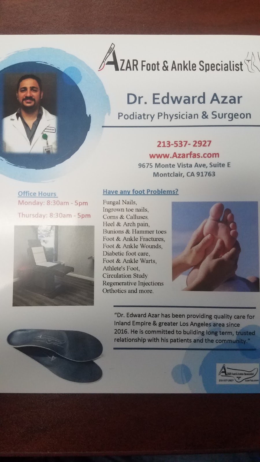 Dr. Edward Azar, DPM | 9675 Monte Vista Ave Suite E, Montclair, CA 91763, USA | Phone: (213) 537-2927