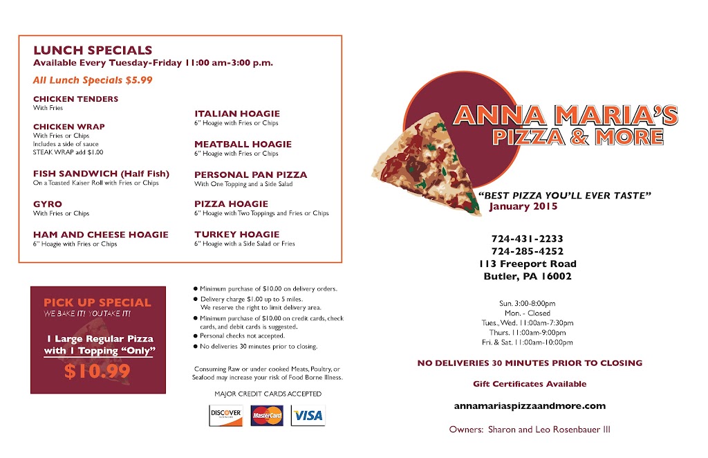 Anna Marias Pizza and More | 113 Freeport Rd, Butler, PA 16002, USA | Phone: (724) 431-2233