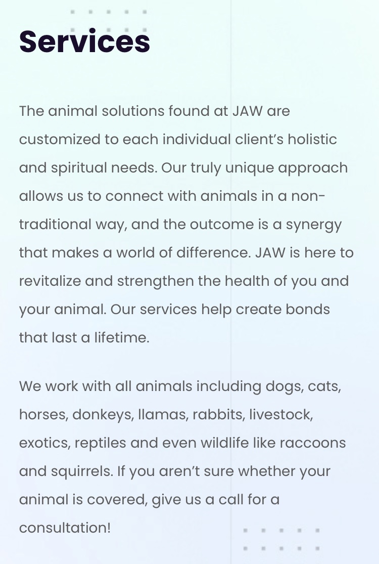 JAW Pet Consulting - Holistic Pet Therapy/Trainer | 6519 Connie Jean Rd, Jacksonville, FL 32222, USA | Phone: (305) 903-6363