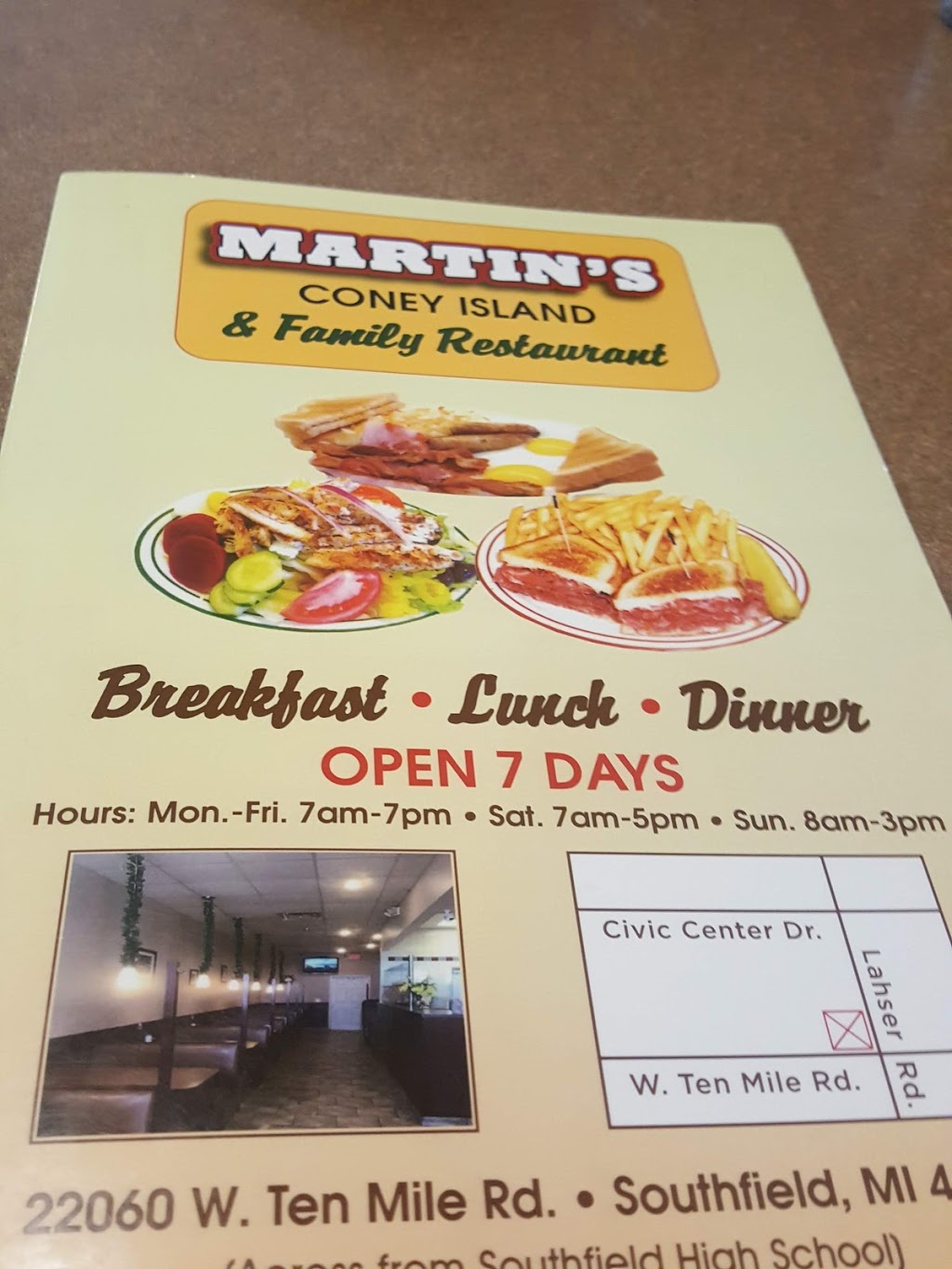 Martins Coney Island and Family Restaurant | 22060 W 10 Mile Rd, Southfield, MI 48033, USA | Phone: (248) 799-0989