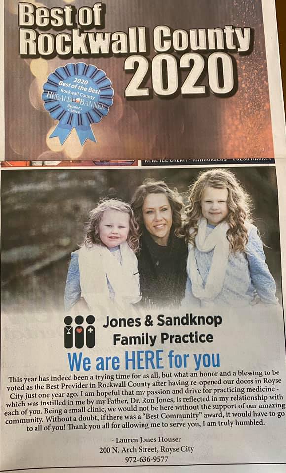 JONES & SANDKNOP FAMILY PRACTICE | 200 N Arch St, Royse City, TX 75189, USA | Phone: (972) 636-9577