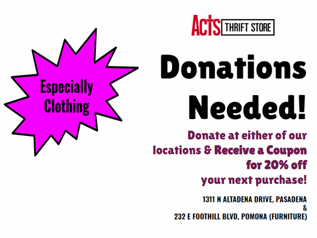 ACTS THRIFT STORE | 232 E Foothill Blvd, Pomona, CA 91767, USA | Phone: (909) 491-3199