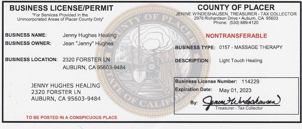 Jenny Hughes Healing | 2320 Forster Ln, Auburn, CA 95603, USA | Phone: (530) 389-4141