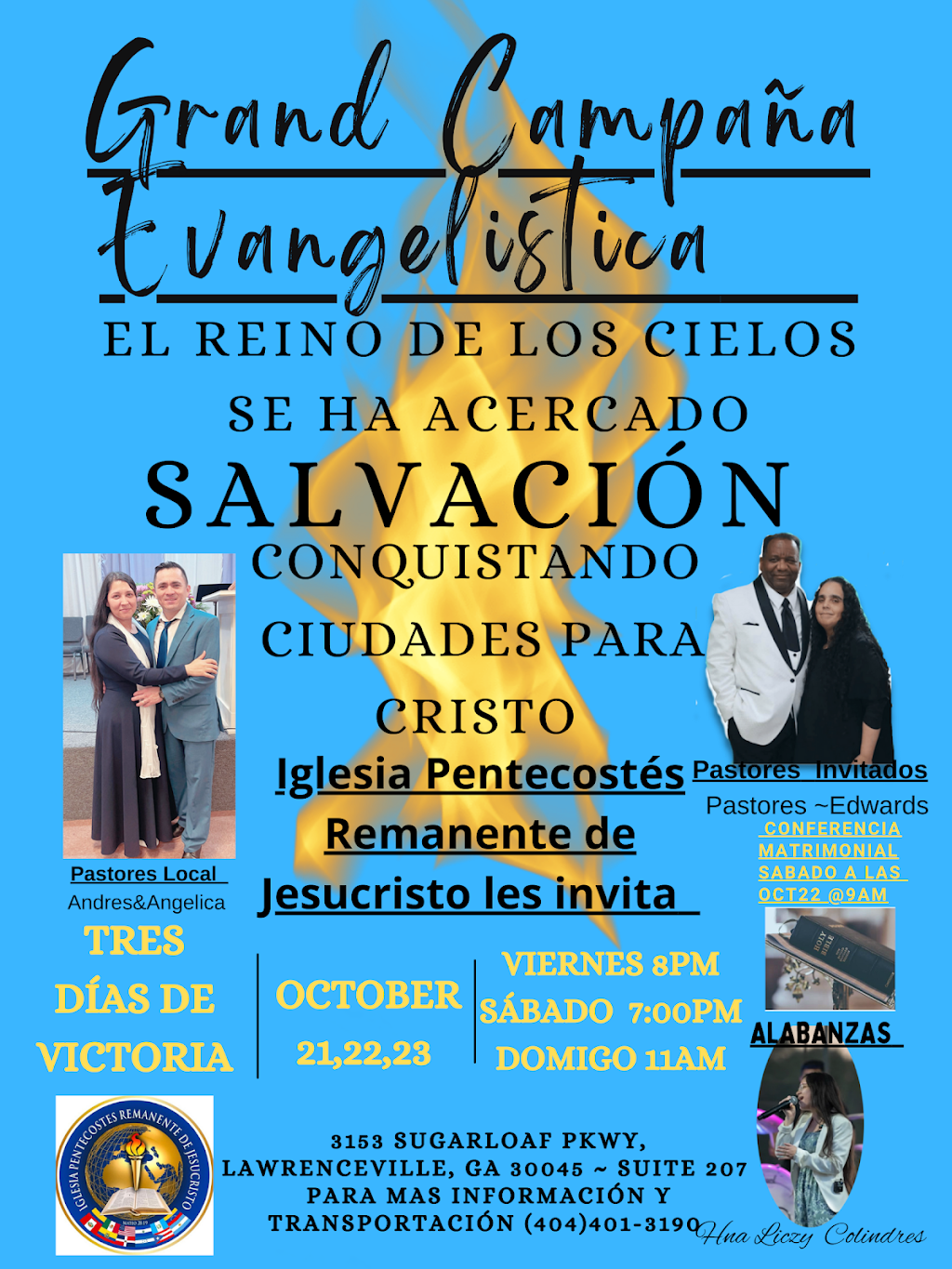 Iglesia Pentecostés Remanente de Jesucristo.inc | 3153 Sugarloaf Pkwy suite 206, Lawrenceville, GA 30045, USA | Phone: (404) 401-3190