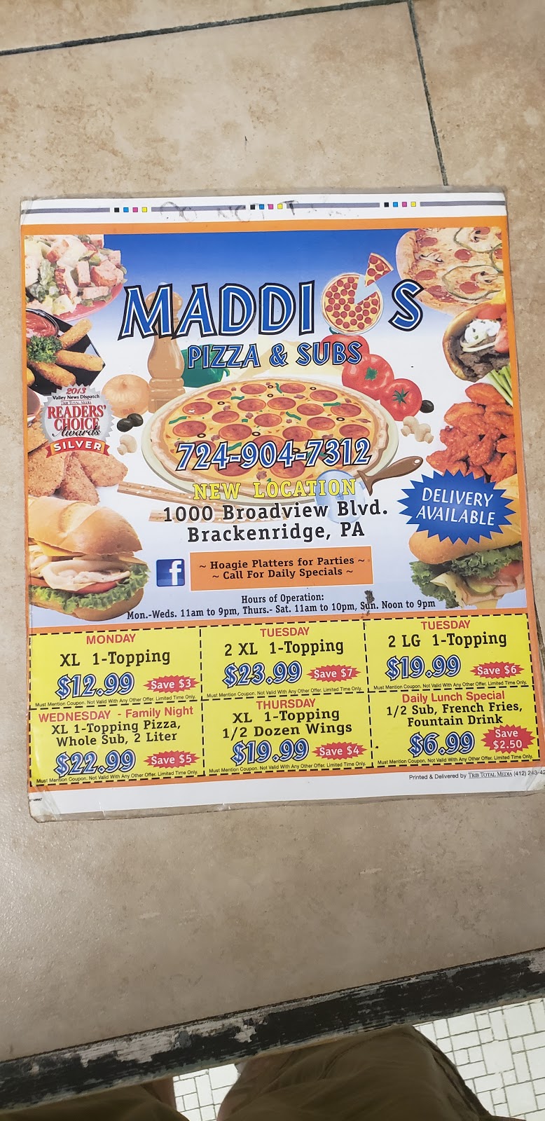 Maddios Pizza & Subs | 1000 Broadview Blvd, Brackenridge, PA 15014, USA | Phone: (724) 904-7312