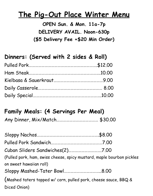 The Pig-Out Place | 10058 Leon Rd, Cattaraugus, NY 14719, USA | Phone: (716) 244-1625