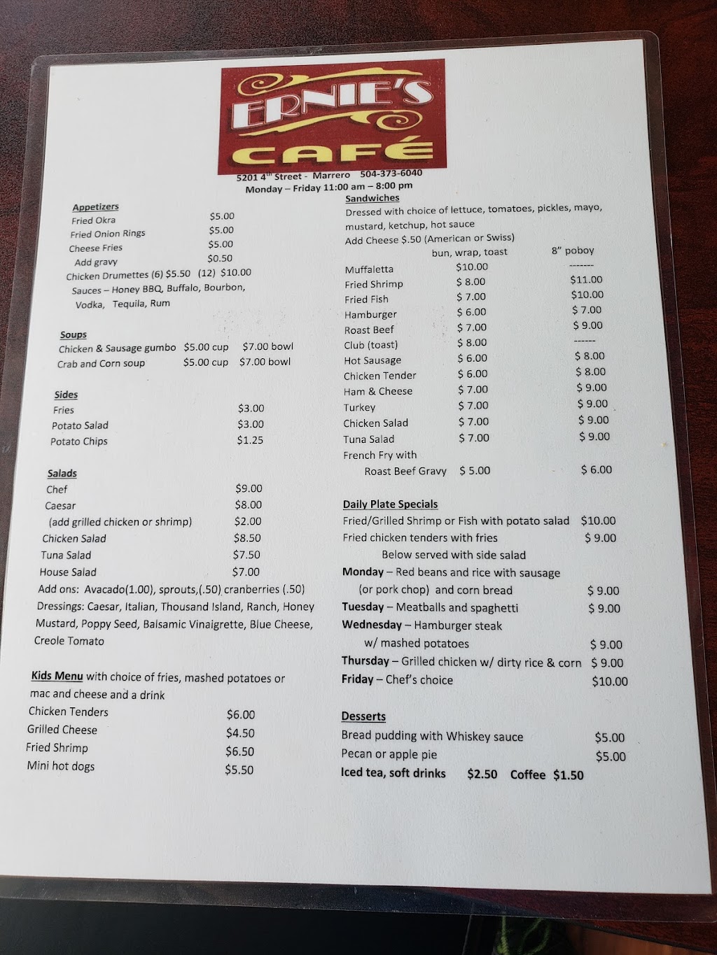 Ernies Cafe | 5201 4th St, Marrero, LA 70072, USA | Phone: (504) 373-6040