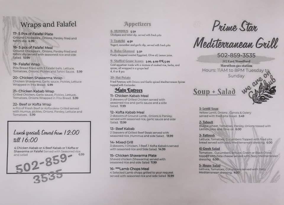 Prime Star 3 - Mediterranean Grill (inside Marathon Gas Station) | 512 E Woodford St, Lawrenceburg, KY 40342, USA | Phone: (502) 859-3535