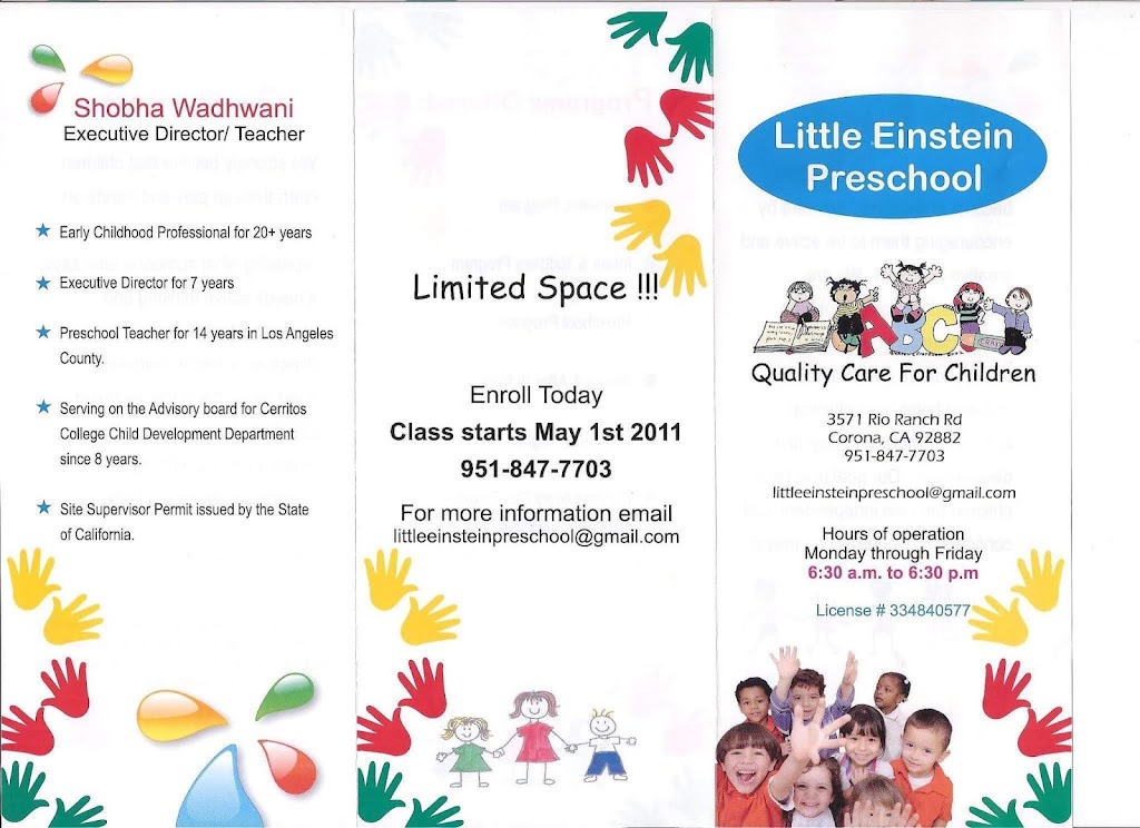 Little Einstein Preschool | 3571 Rio Ranch Rd, Corona, CA 92882, USA | Phone: (951) 847-7703