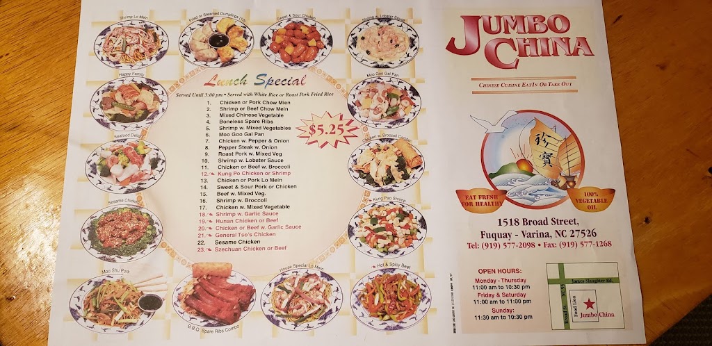 Jumbo China | 1518 Broad St, Fuquay-Varina, NC 27526, USA | Phone: (919) 577-1268