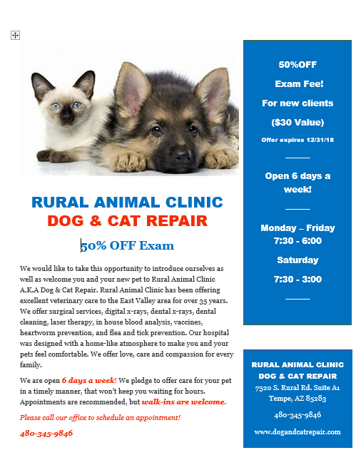 Rural Animal Clinic a.k.a Dog & Cat Repair | 7520 South Rural Road Suite #A1, Tempe, AZ 85283, USA | Phone: (480) 345-9846