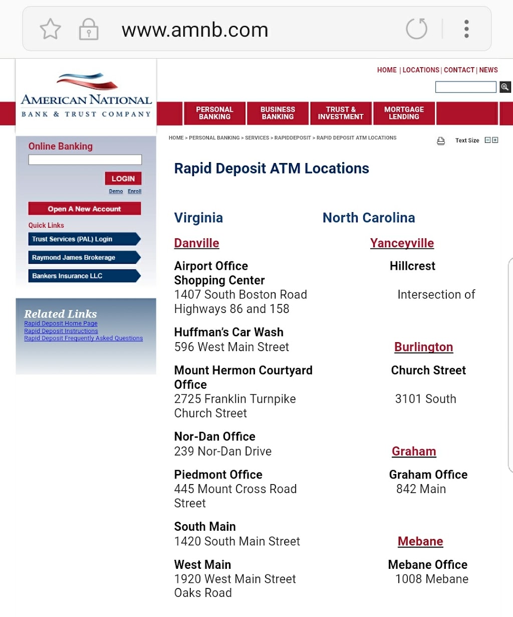 American National Bank and Trust Company: ATM | 1920 W Main St, Danville, VA 24541, USA | Phone: (434) 792-5111