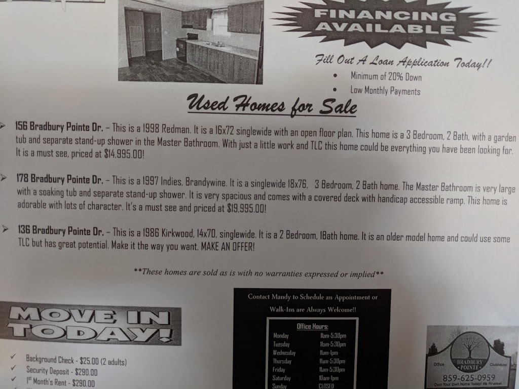 Bradbury Pointe Mobile Home Park | 111 Bradbury Pointe Dr, Richmond, KY 40475, USA | Phone: (859) 625-0959