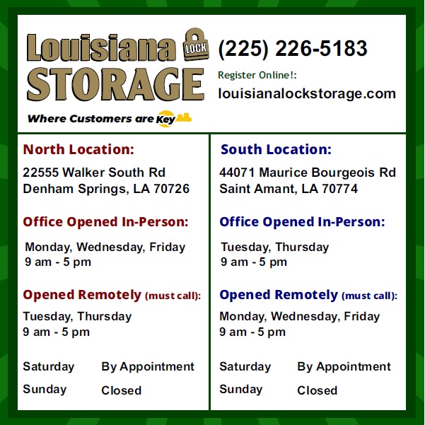 Louisiana Lock Storage-South | 44071 Maurice Bourgeois Rd, St Amant, LA 70774, USA | Phone: (225) 226-5183