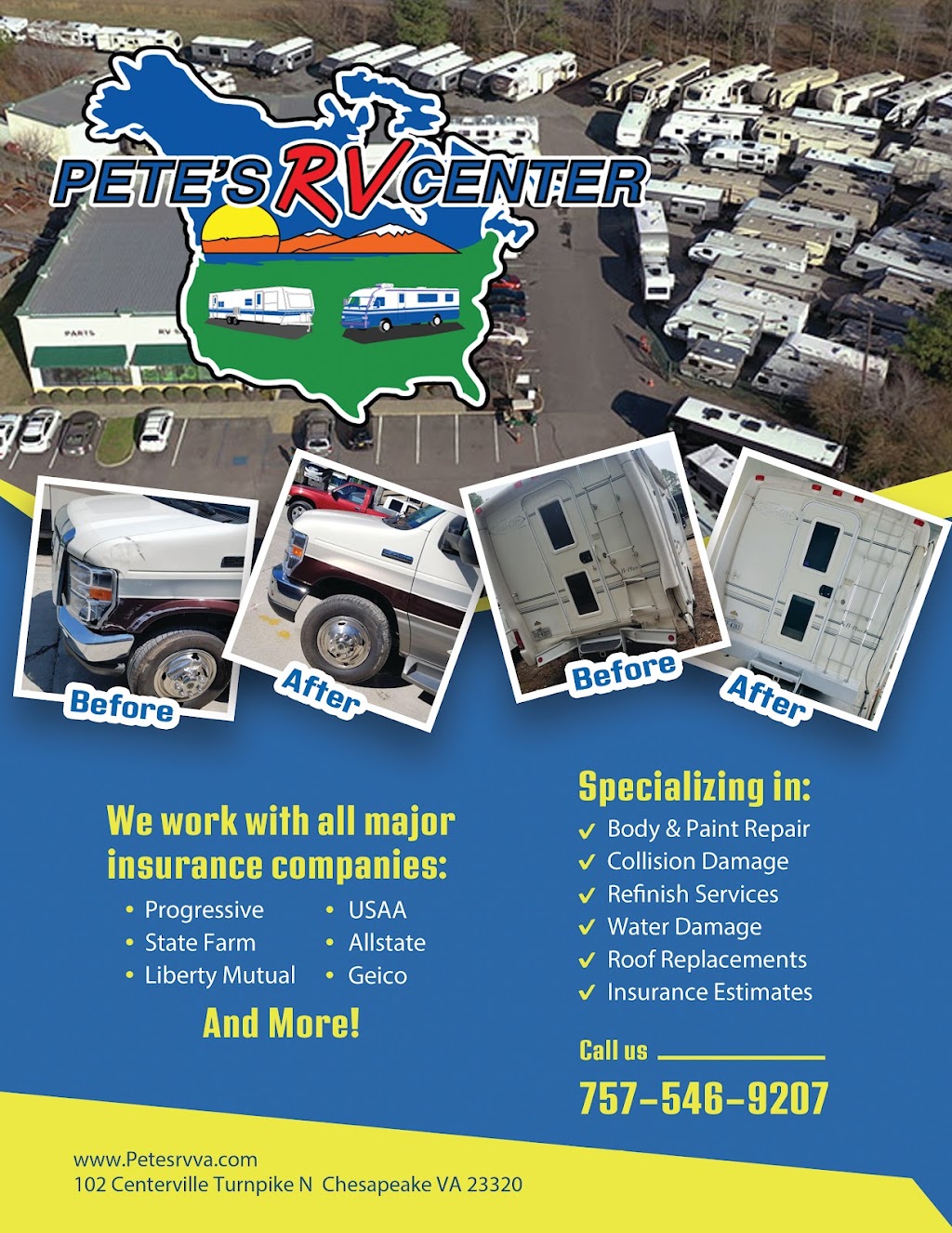 Petes RV Service & Collision Center | 102 Centerville Turnpike N, Chesapeake, VA 23320, USA | Phone: (757) 970-3934