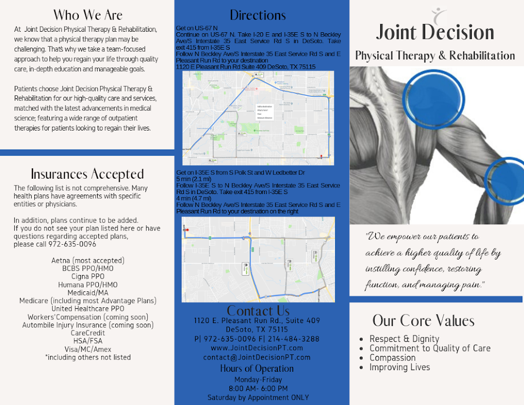 Joint Decision Physical Therapy and Rehabilitation | 1120 Pleasant Run Rd #409, DeSoto, TX 75115, USA | Phone: (972) 635-0096