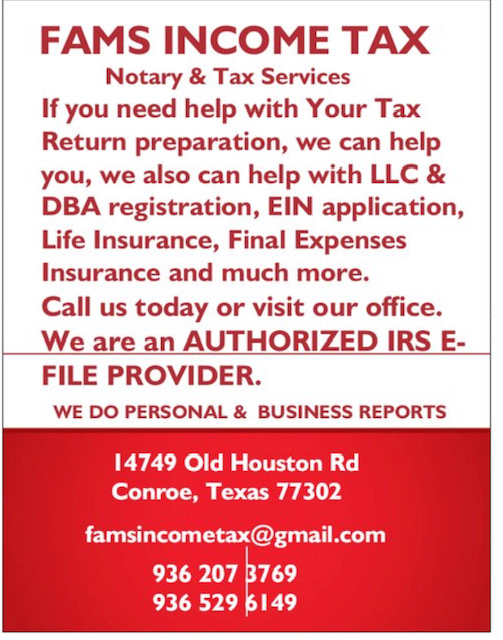 FAMS Income Tax & Insurance Agency LLC | 14749 Old Houston Rd, Conroe, TX 77302, USA | Phone: (936) 207-3769