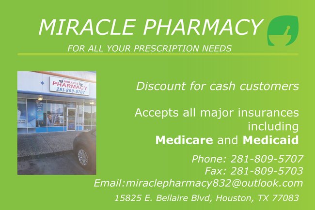 Miracle Pharmacy, Inc | 15825 Bellaire Blvd Suite E, Houston, TX 77083, USA | Phone: (281) 809-5707