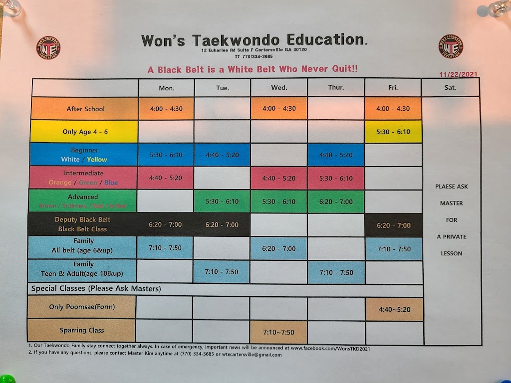 WONS TAE KWON DO EDUCATION | 12 Euharlee Rd SW, Cartersville, GA 30120, USA | Phone: (770) 334-3685