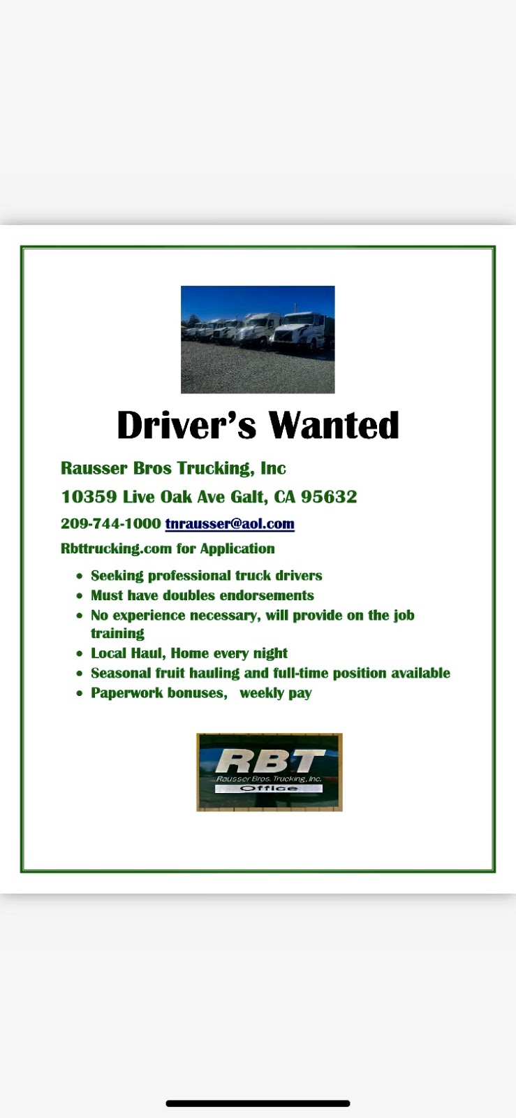 Rausser Brothers Trucking Inc | 10359 Live Oak Ave, Galt, CA 95632, USA | Phone: (209) 744-1000