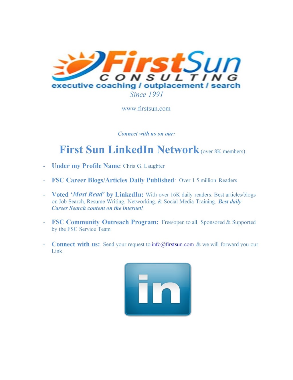 First Sun Consulting, LLC- Outplacement Services | 2050 Marconi Dr #300, Alpharetta, GA 30005, USA | Phone: (866) 311-2514