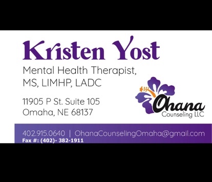 Kristen Yost, Ohana Counseling LLC | 11905 P St Suite 105, Omaha, NE 68137, USA | Phone: (402) 915-0640