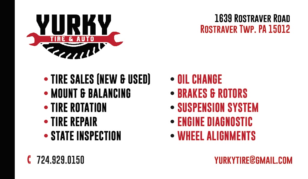 Yurky Tire & Auto | 1639 Rostraver Rd, Belle VRN BR, PA 15012, USA | Phone: (724) 929-0150