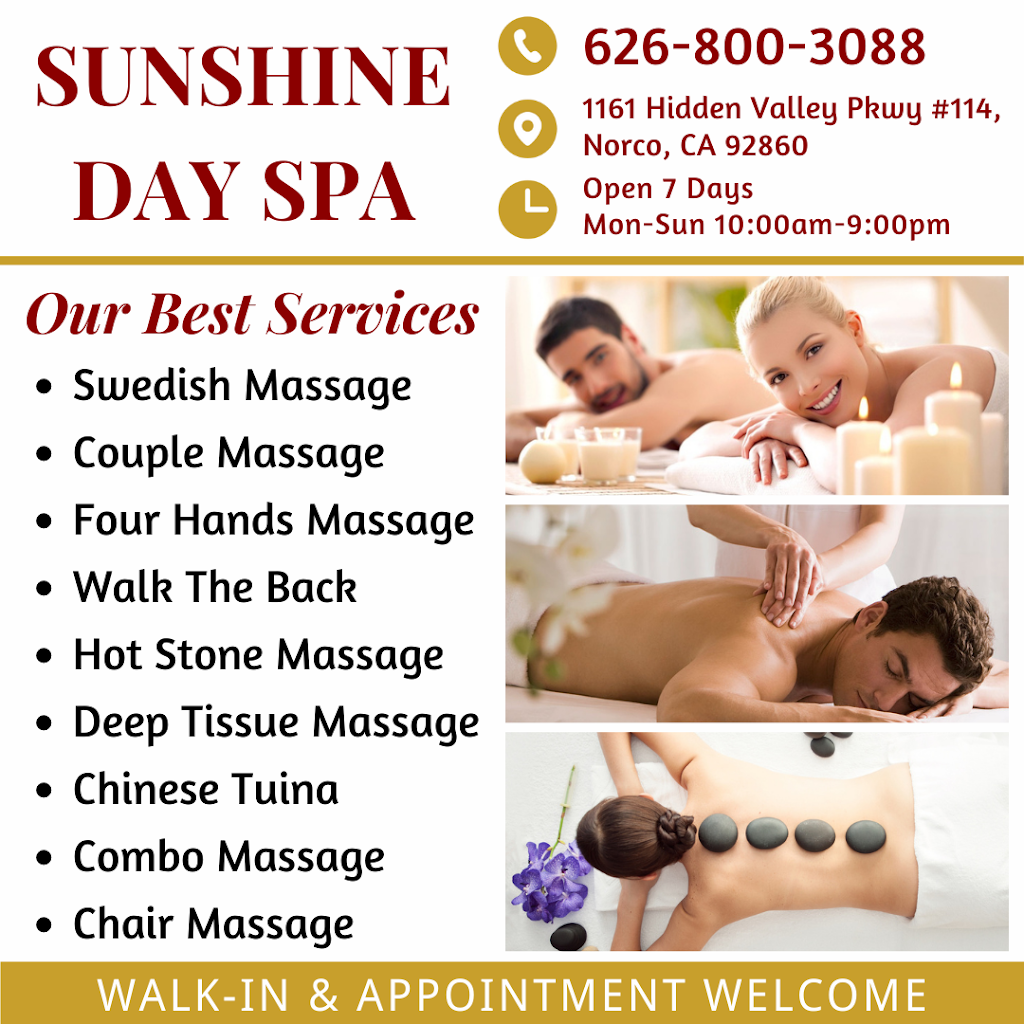 Sunshine Day Spa | 1161 Hidden Valley Pkwy, Norco, CA 92860, USA | Phone: (626) 800-3088