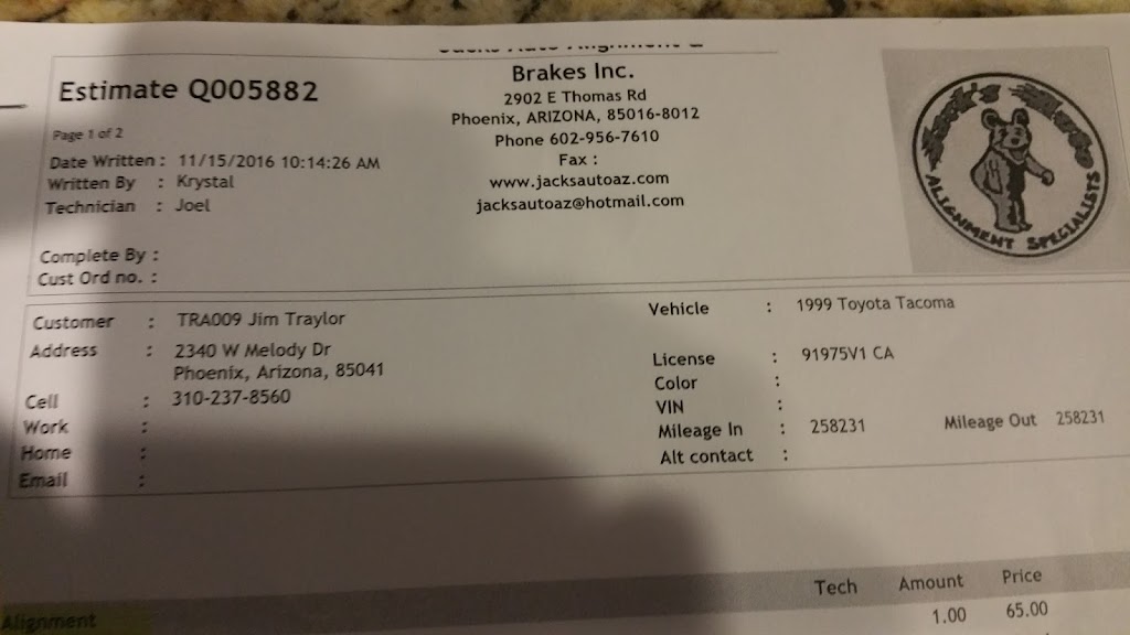 Jacks Auto Alignment & Brakes Inc. | 2902 E Thomas Rd, Phoenix, AZ 85016, USA | Phone: (602) 956-7610
