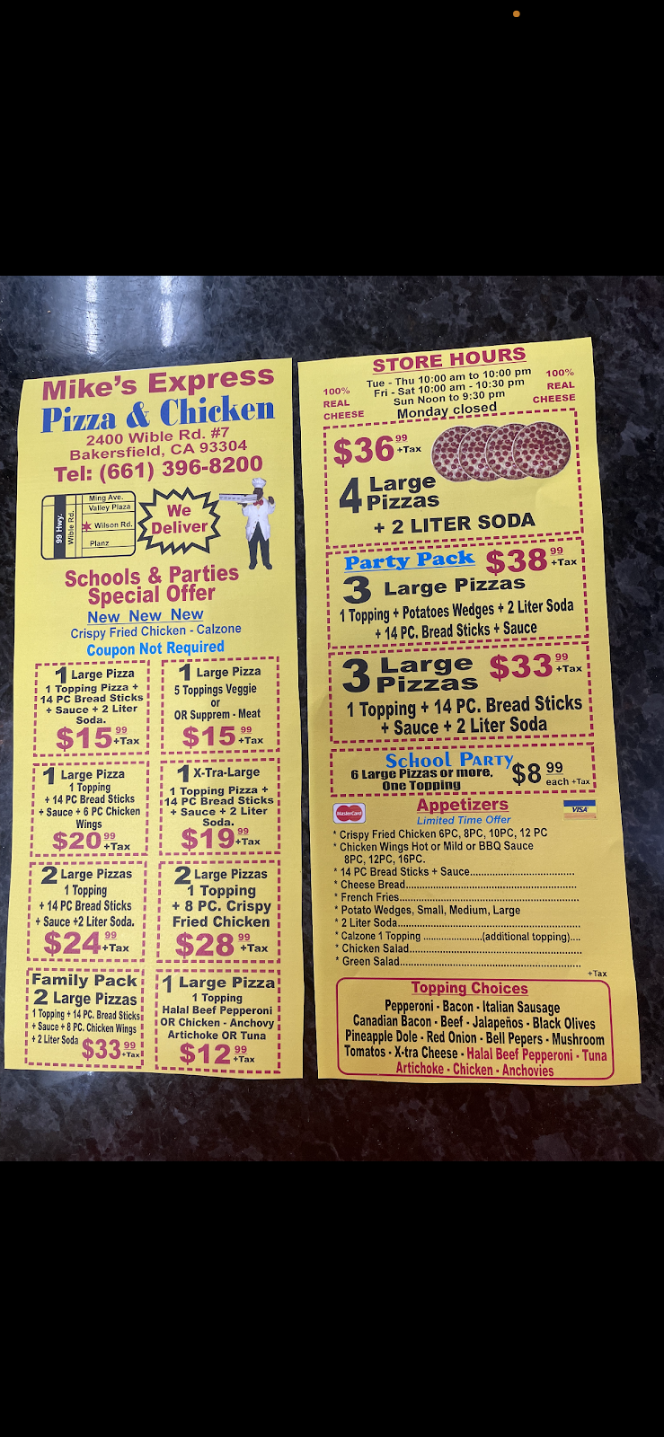 Mikes Express Pizza | 2400 Wible Rd, Bakersfield, CA 93304, USA | Phone: (661) 396-8200