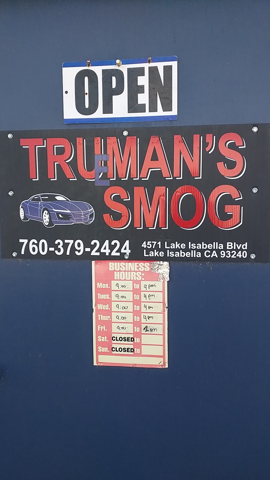 Trumans Smog | 4571 Lake Isabella Blvd, Lake Isabella, CA 93240, USA | Phone: (760) 379-2424