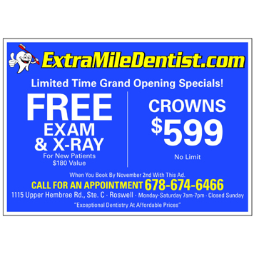 Extra Mile Dentist | 1115 Upper Hembree Rd UNIT C, Roswell, GA 30076, USA | Phone: (678) 674-6466