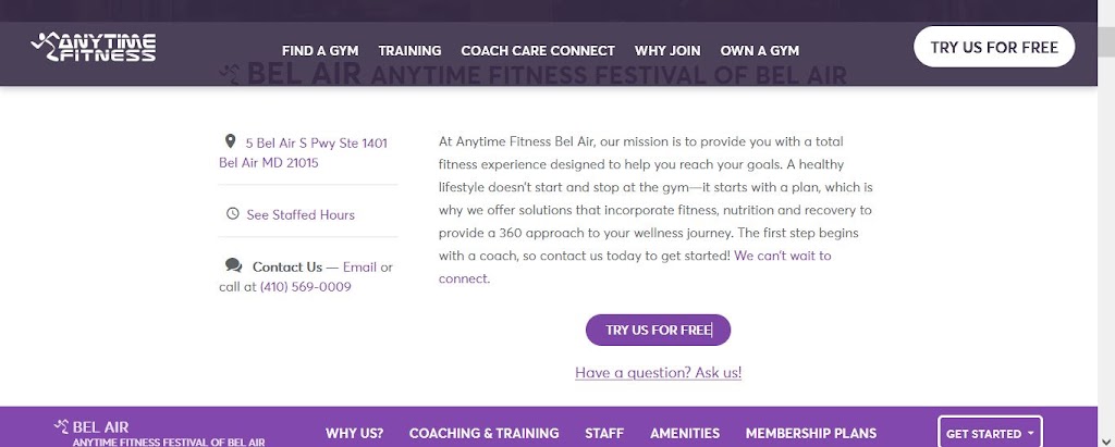 Anytime Fitness Gyms Bel Air, Maryland Fitness Centers Bel Air, MD | 5 Bel Air S Pkwy Suite 1401, Bel Air, MD 21015 | Phone: (410) 569-0009