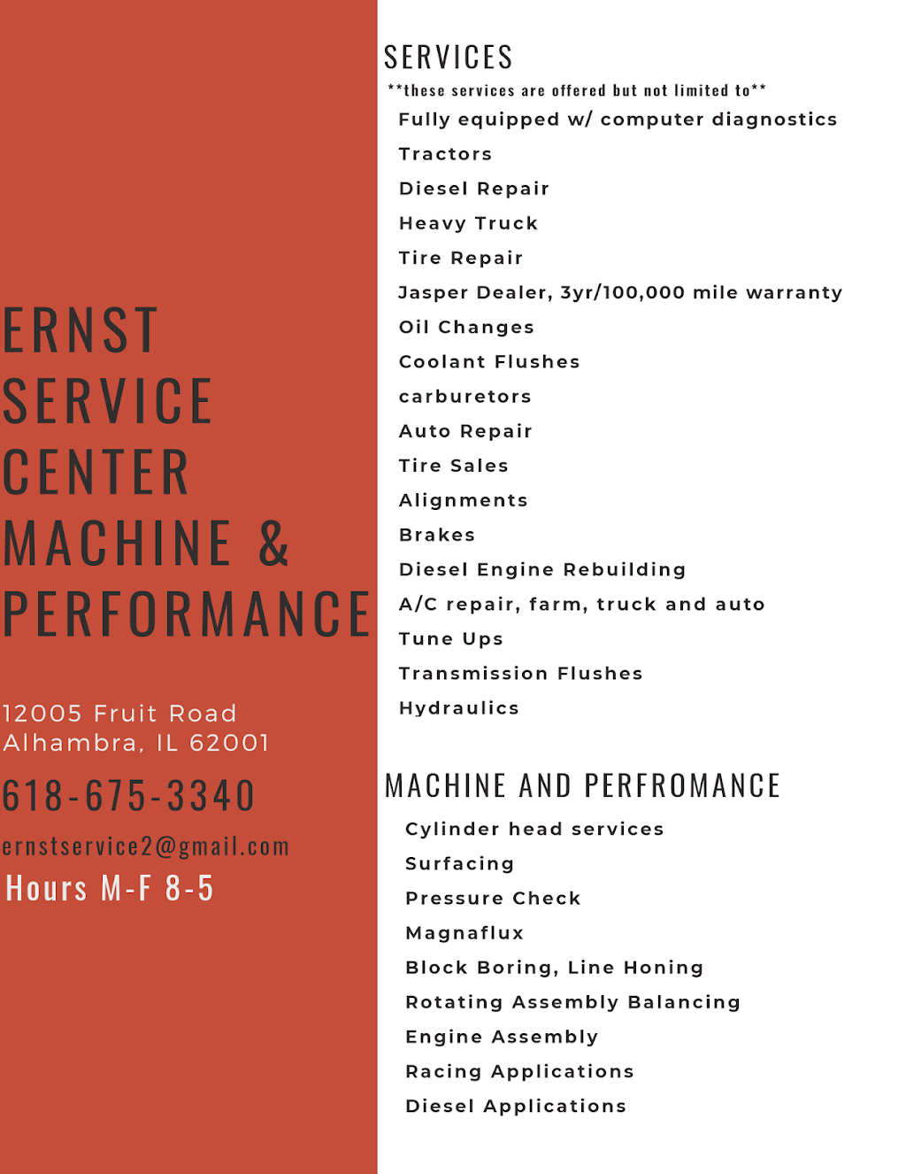 Ernst Service Center | 12005 Fruit Rd, Alhambra, IL 62001, USA | Phone: (618) 675-3340