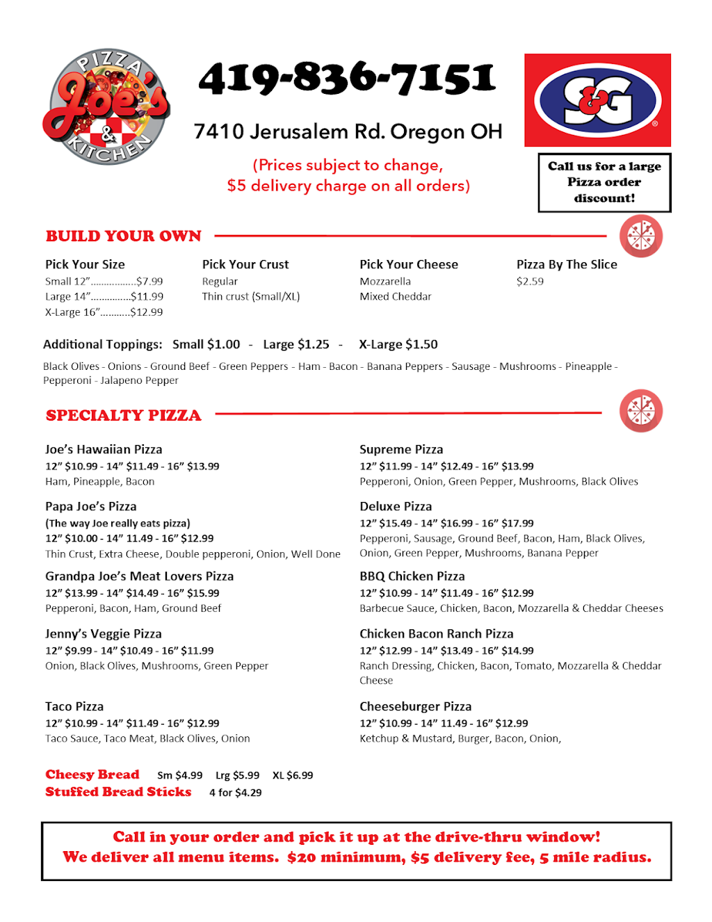 Joes Pizza Kitchen (S&G) | 7410 Jerusalem Rd, Oregon, OH 43616, USA | Phone: (419) 836-7151