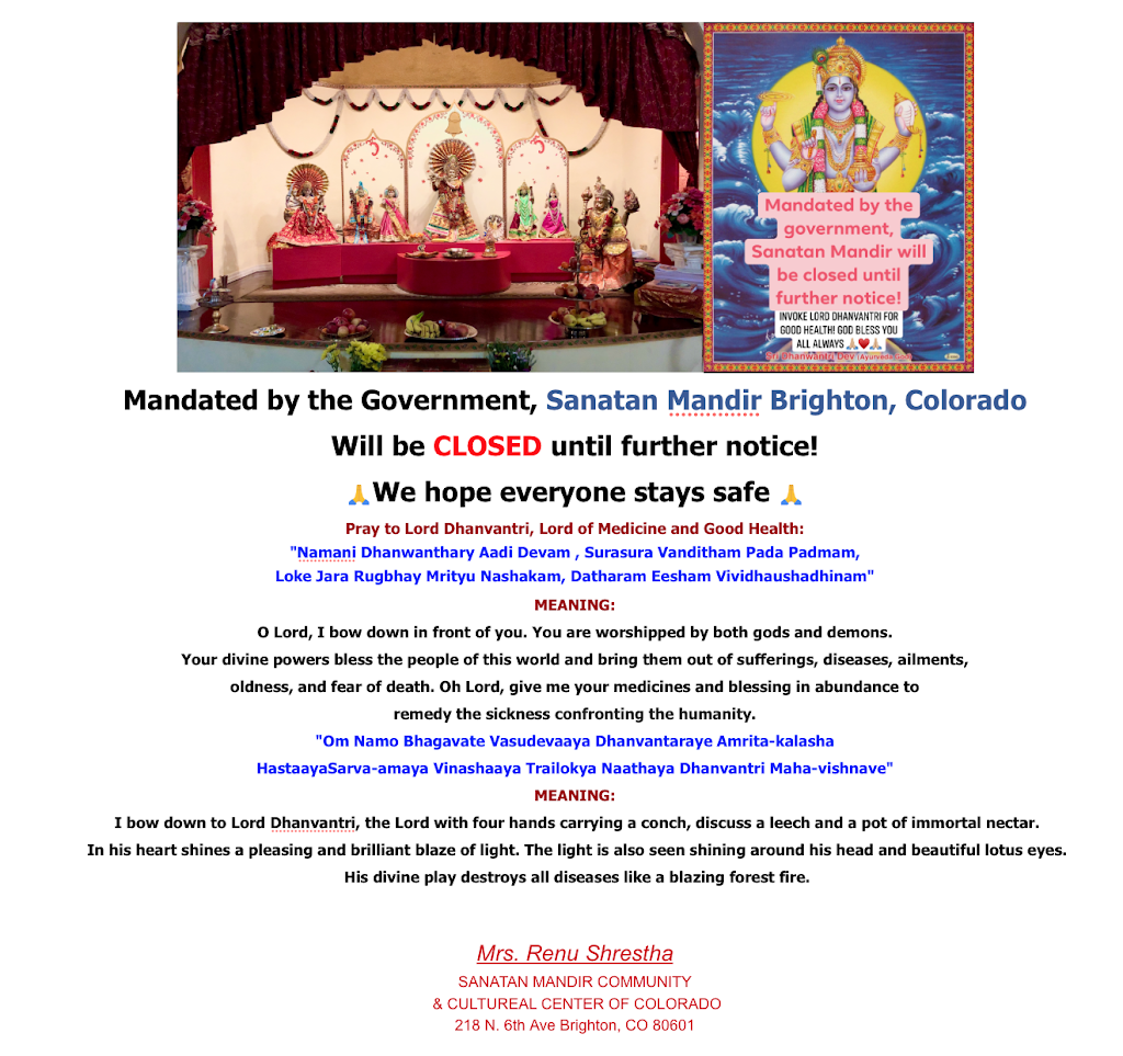 Sanatan Mandir, Cultural & Community Center | 218 N 6th Ave, Brighton, CO 80601, USA | Phone: (303) 637-0340